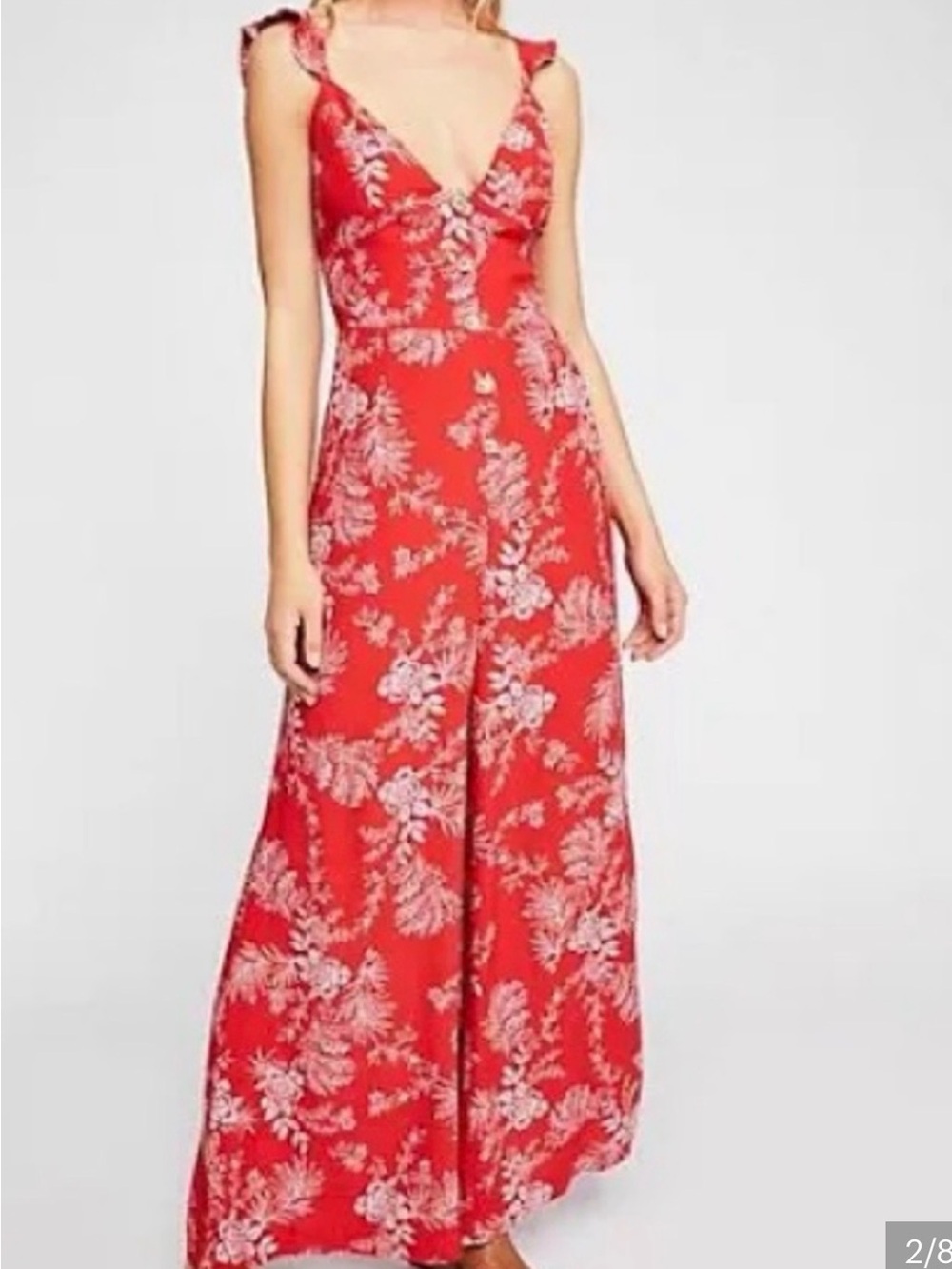 Free People Red Floral Button-Front Wide-Leg Jumpsuit - Picture 7 of 7